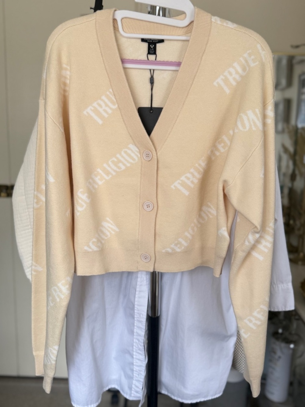 True Religion Cream Logo Cropped Button-Up Cardigan